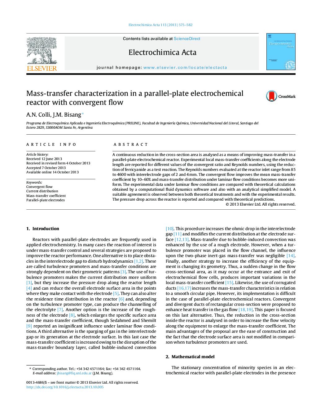 Mass-transfer characterization in a parallel-plate electrochemical reactor with convergent flow