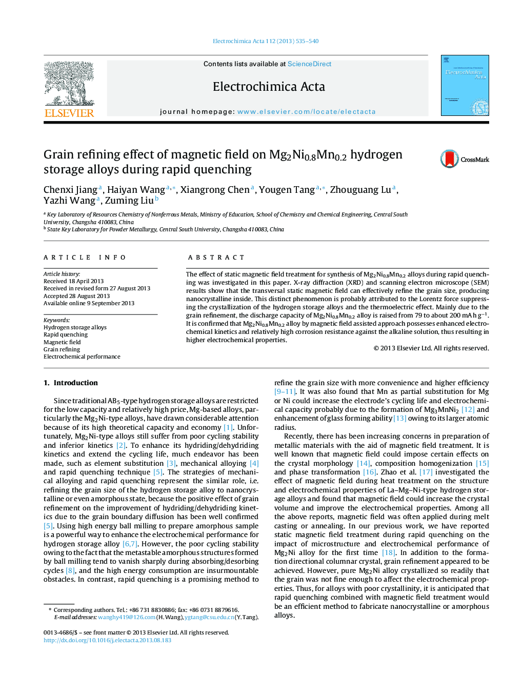 Grain refining effect of magnetic field on Mg2Ni0.8Mn0.2 hydrogen storage alloys during rapid quenching