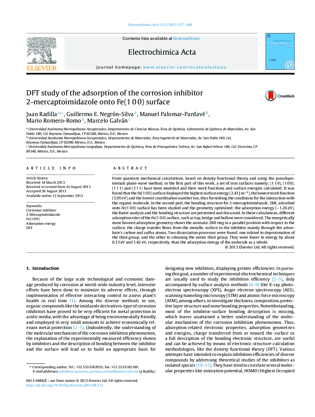 DFT study of the adsorption of the corrosion inhibitor 2-mercaptoimidazole onto Fe(1Â 0Â 0) surface