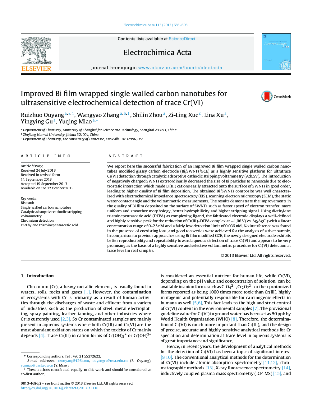 Improved Bi film wrapped single walled carbon nanotubes for ultrasensitive electrochemical detection of trace Cr(VI)