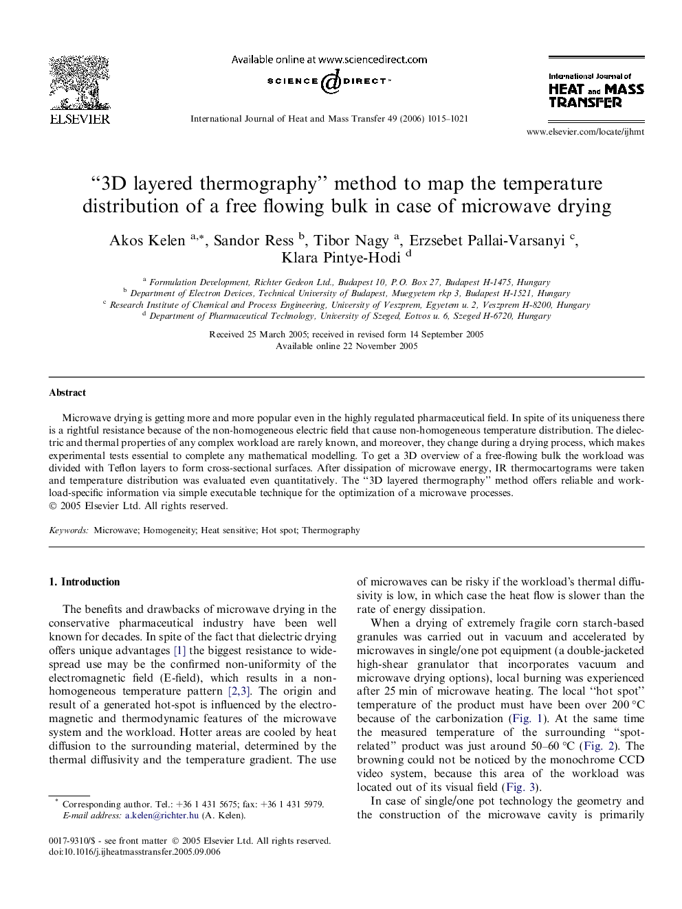 “3D layered thermography” method to map the temperature distribution of a free flowing bulk in case of microwave drying