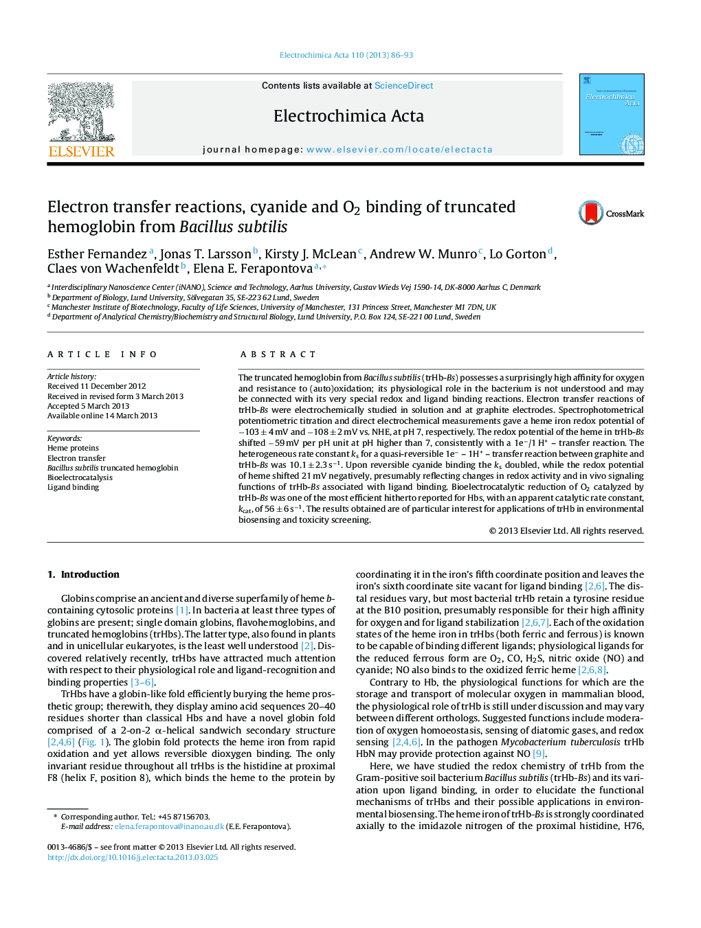 Electron transfer reactions, cyanide and O2 binding of truncated hemoglobin from Bacillus subtilis