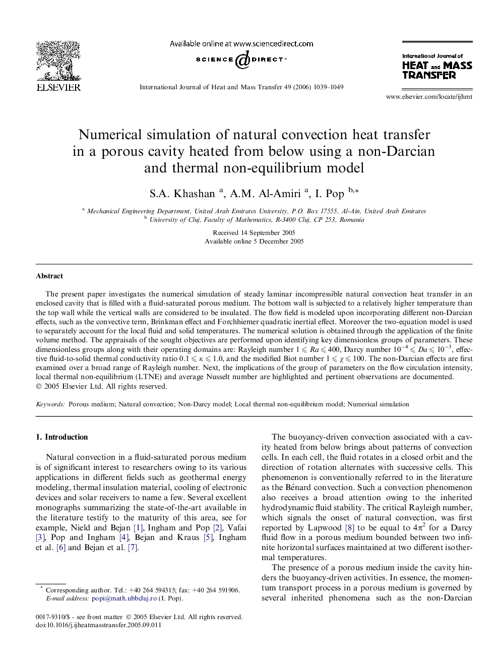 Numerical simulation of natural convection heat transfer in a porous cavity heated from below using a non-Darcian and thermal non-equilibrium model