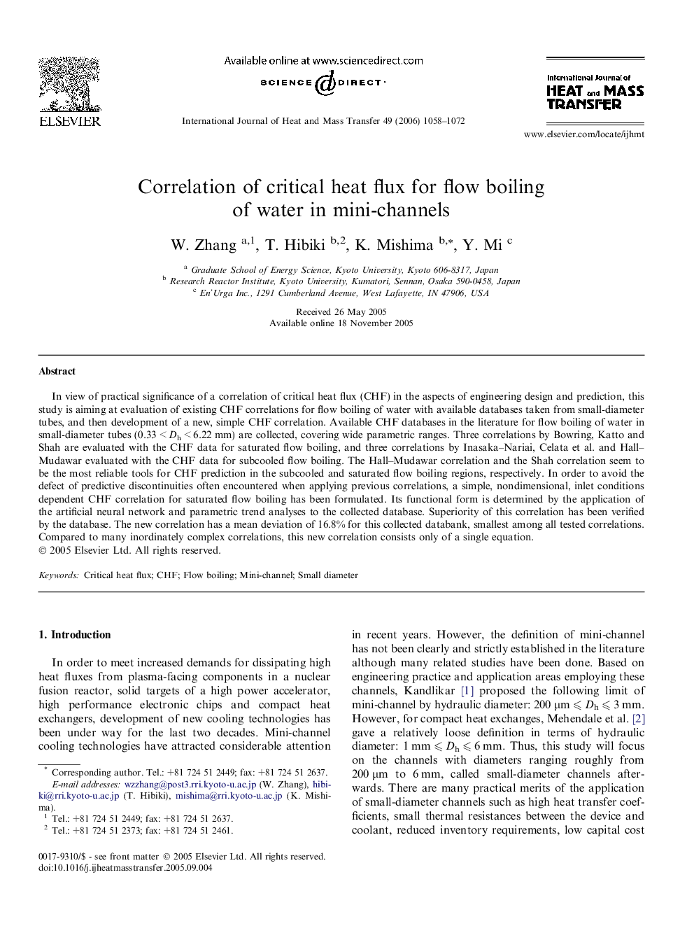 Correlation of critical heat flux for flow boiling of water in mini-channels