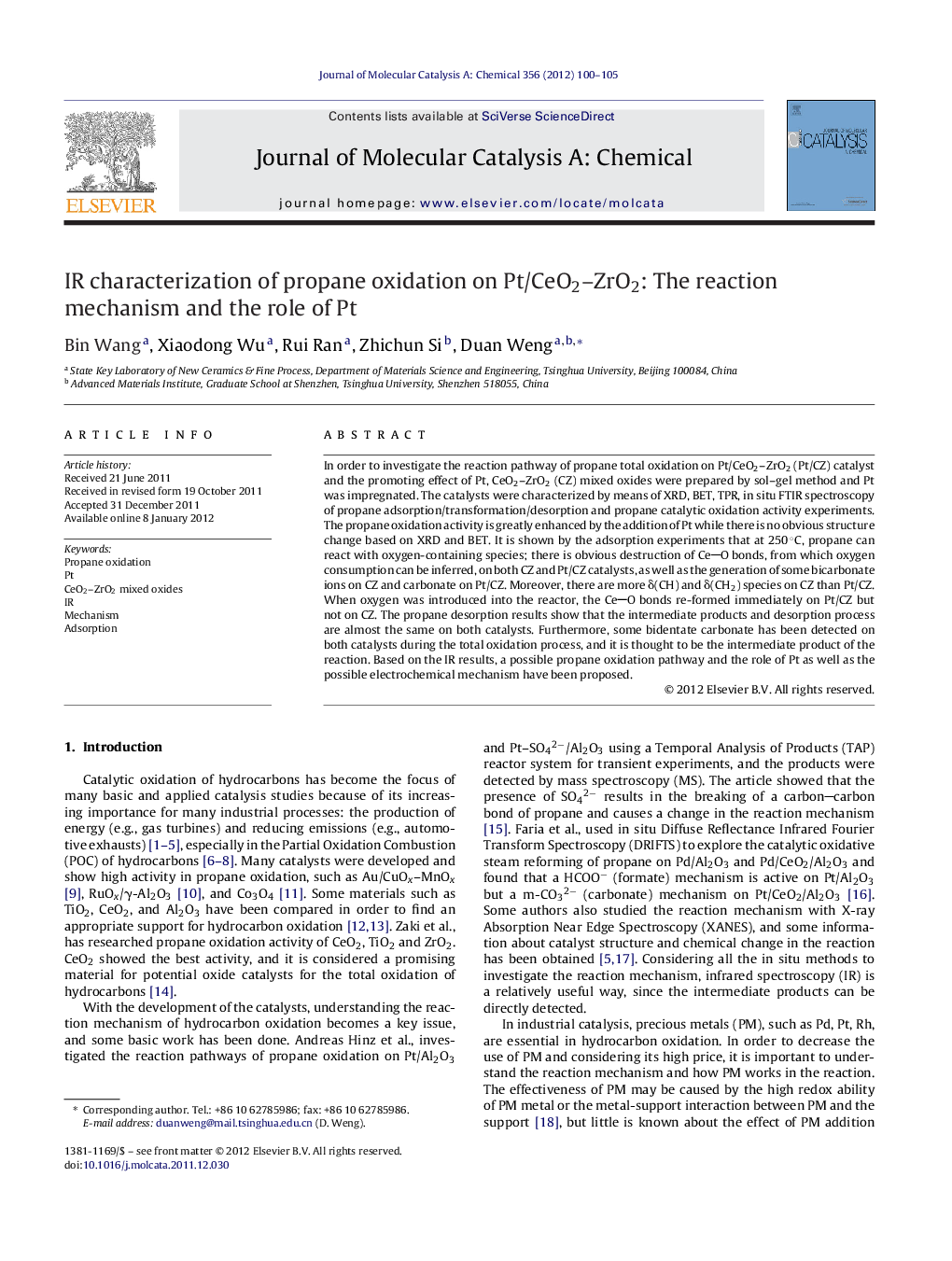 IR characterization of propane oxidation on Pt/CeO2–ZrO2: The reaction mechanism and the role of Pt