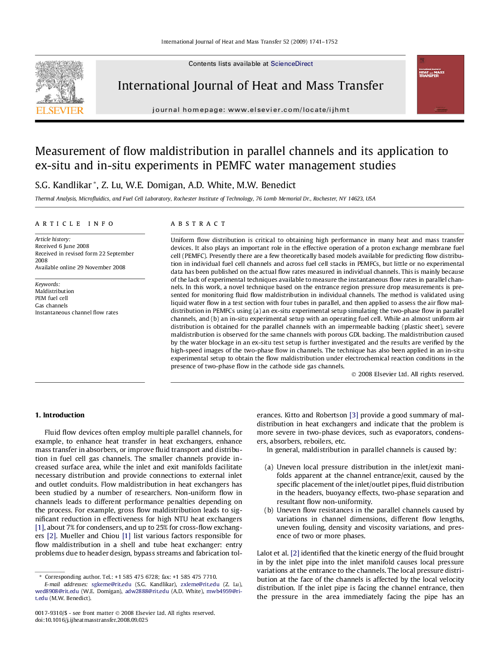 Measurement of flow maldistribution in parallel channels and its application to ex-situ and in-situ experiments in PEMFC water management studies