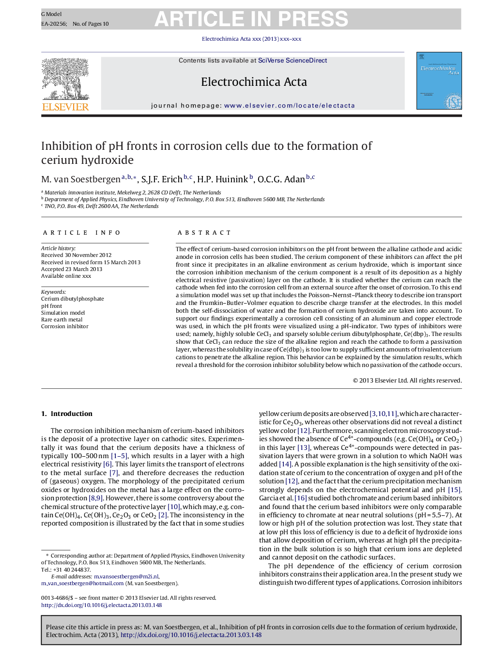 Inhibition of pH fronts in corrosion cells due to the formation of cerium hydroxide