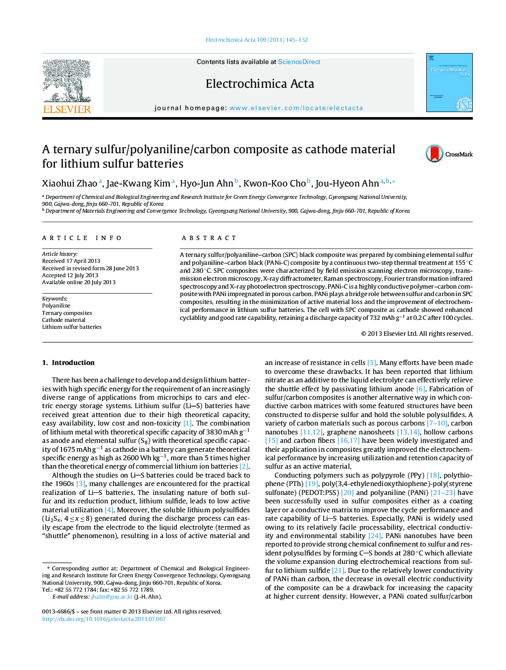 A ternary sulfur/polyaniline/carbon composite as cathode material for lithium sulfur batteries