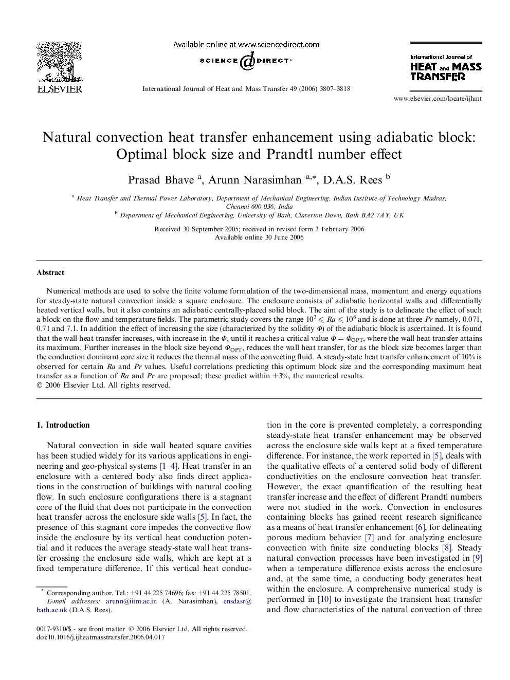 Natural convection heat transfer enhancement using adiabatic block: Optimal block size and Prandtl number effect