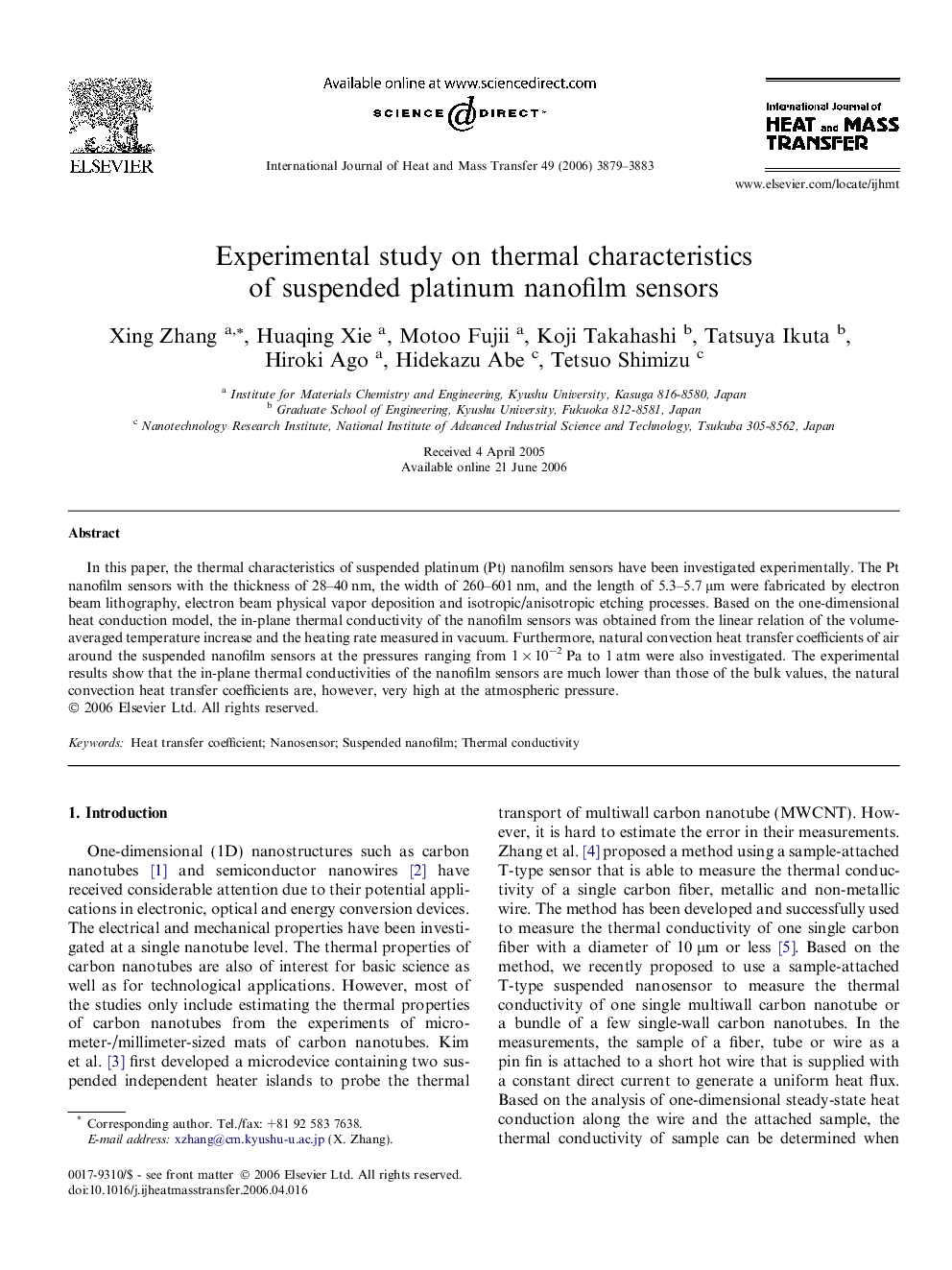 Experimental study on thermal characteristics of suspended platinum nanofilm sensors