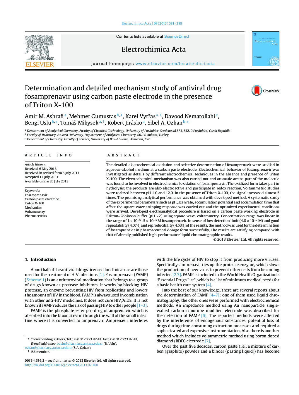 Determination and detailed mechanism study of antiviral drug fosamprenavir using carbon paste electrode in the presence of Triton X-100