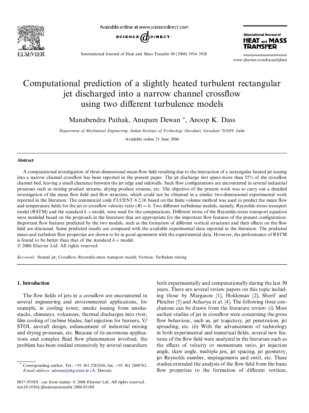 Computational prediction of a slightly heated turbulent rectangular jet discharged into a narrow channel crossflow using two different turbulence models