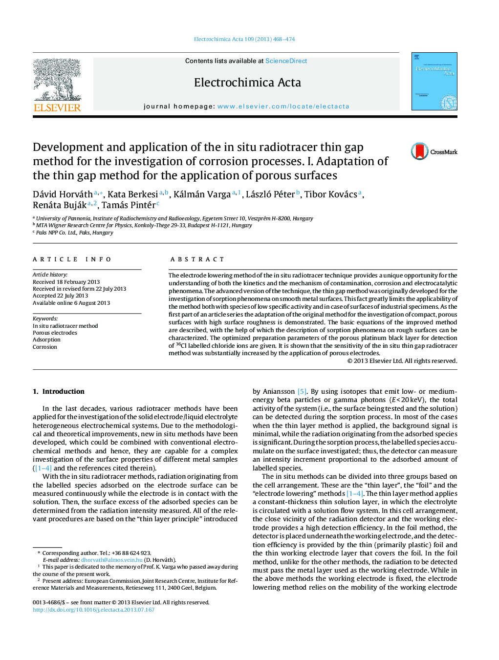 Development and application of the in situ radiotracer thin gap method for the investigation of corrosion processes. I. Adaptation of the thin gap method for the application of porous surfaces