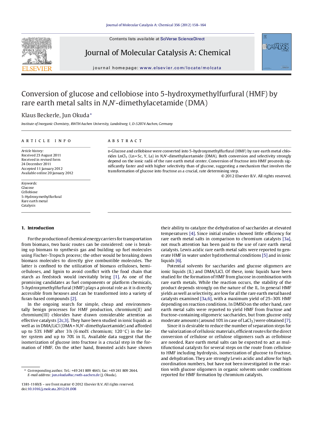Conversion of glucose and cellobiose into 5-hydroxymethylfurfural (HMF) by rare earth metal salts in N,N′-dimethylacetamide (DMA)