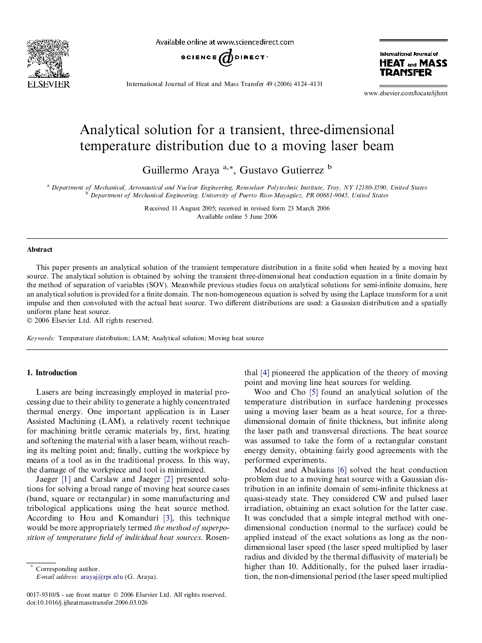 Analytical solution for a transient, three-dimensional temperature distribution due to a moving laser beam