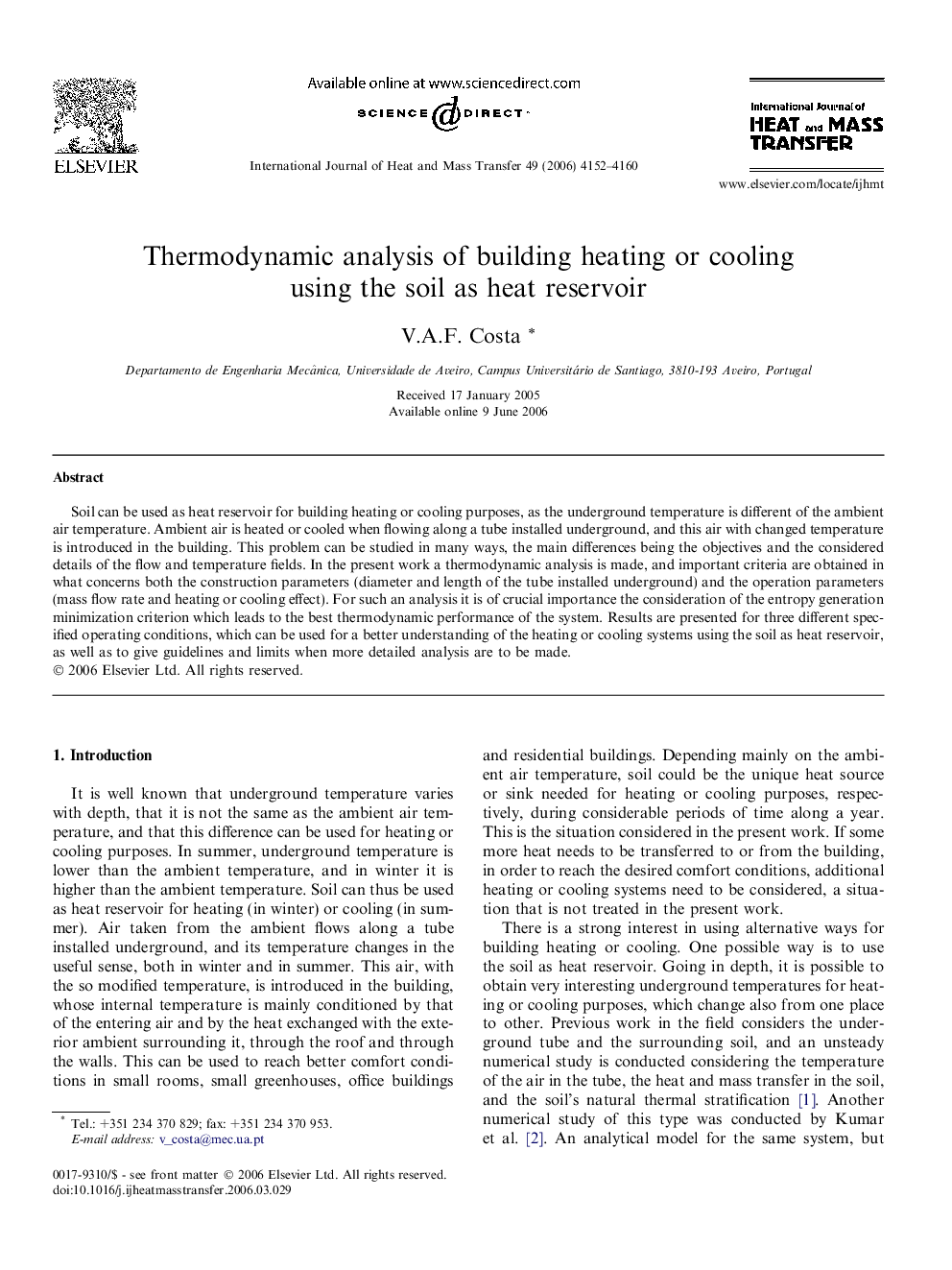 Thermodynamic analysis of building heating or cooling using the soil as heat reservoir