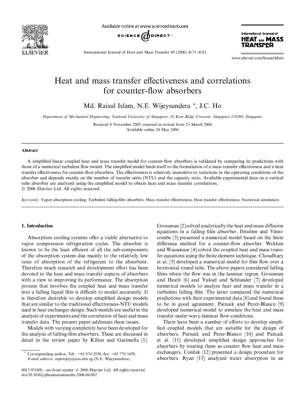 Heat and mass transfer effectiveness and correlations for counter-flow absorbers