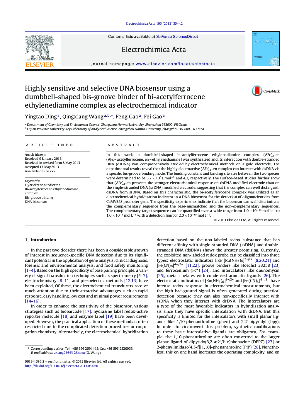عکس صفحه اول مقاله: Highly sensitive and selective DNA biosensor using a dumbbell-shaped bis-groove binder of bi-acetylferrocene ethylenediamine complex as electrochemical indicator Highly sensitive and selective DNA biosensor using a dumbbell-shaped bis-groove binder of bi-acetylferrocene ethylenediamine complex as electrochemical indicator