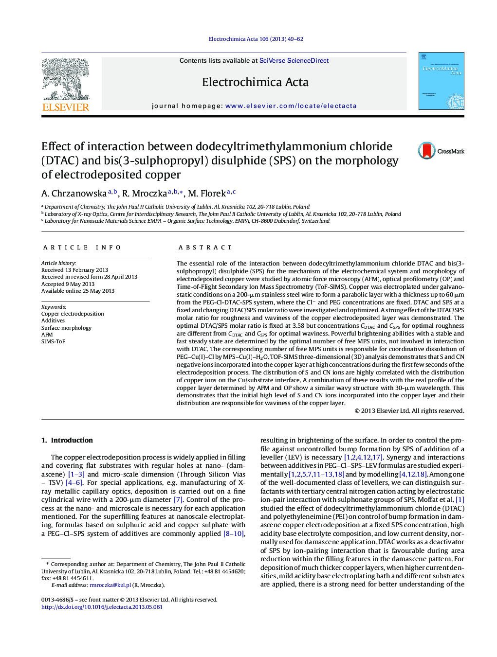 Effect of interaction between dodecyltrimethylammonium chloride (DTAC) and bis(3-sulphopropyl) disulphide (SPS) on the morphology of electrodeposited copper