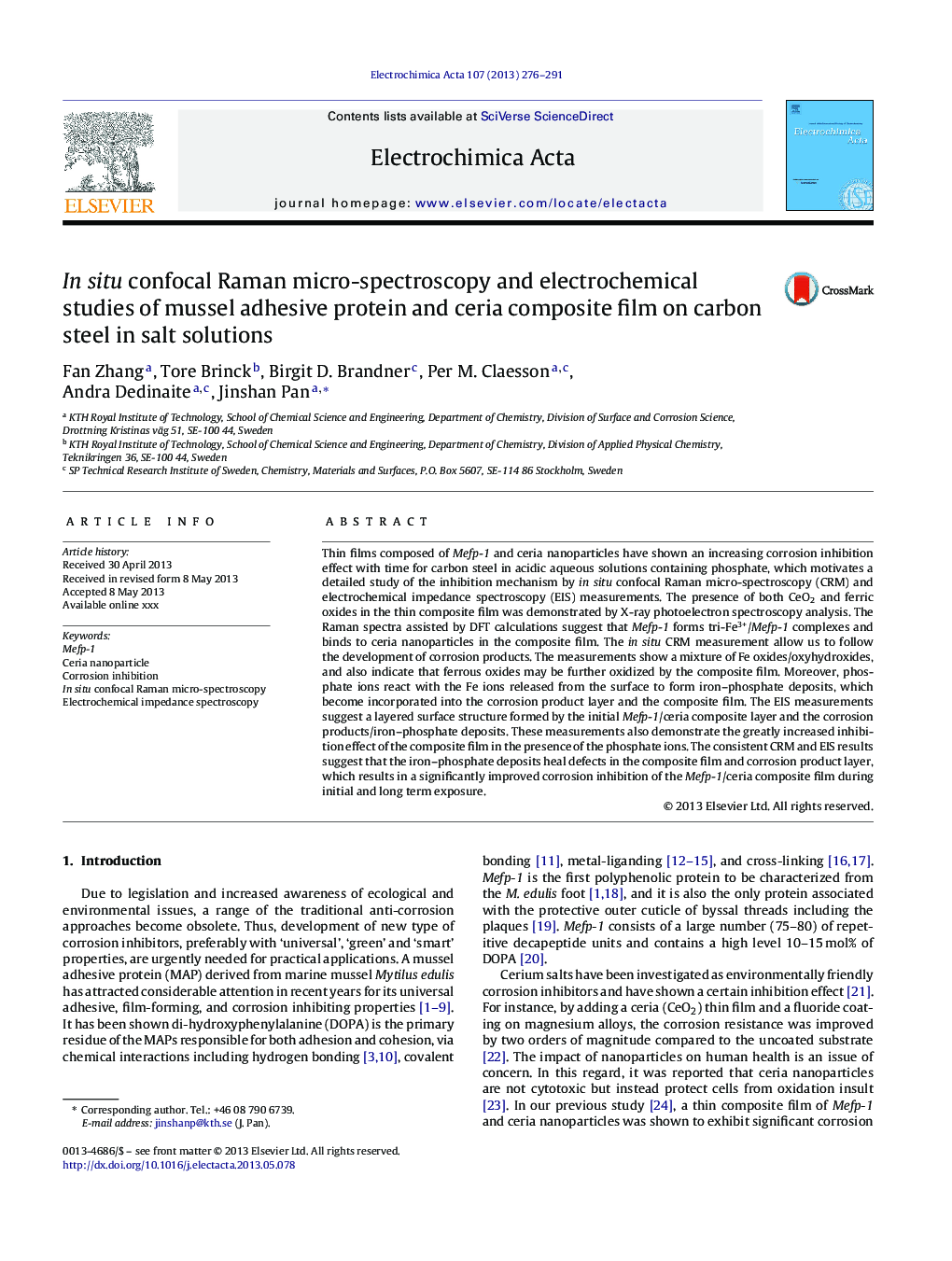 In situ confocal Raman micro-spectroscopy and electrochemical studies of mussel adhesive protein and ceria composite film on carbon steel in salt solutions