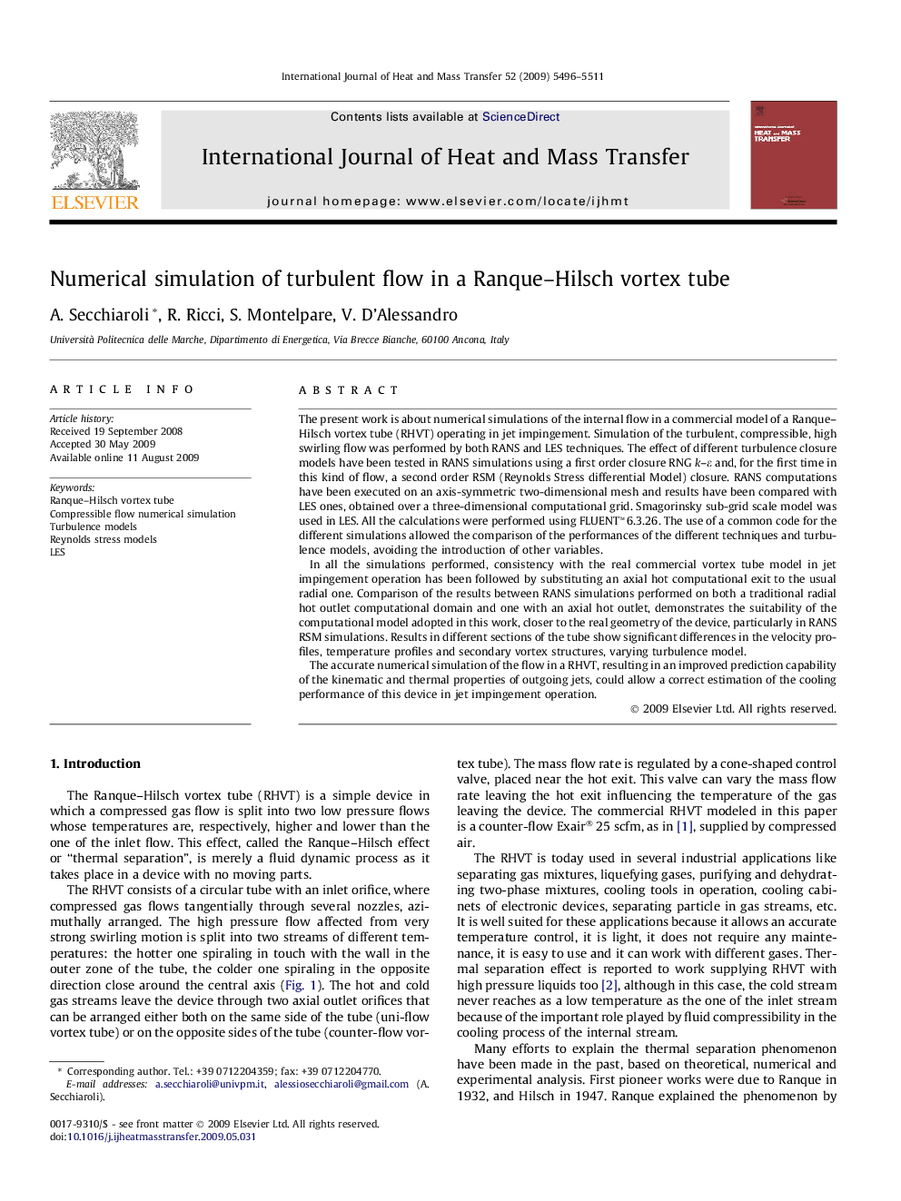 Numerical simulation of turbulent flow in a Ranque–Hilsch vortex tube