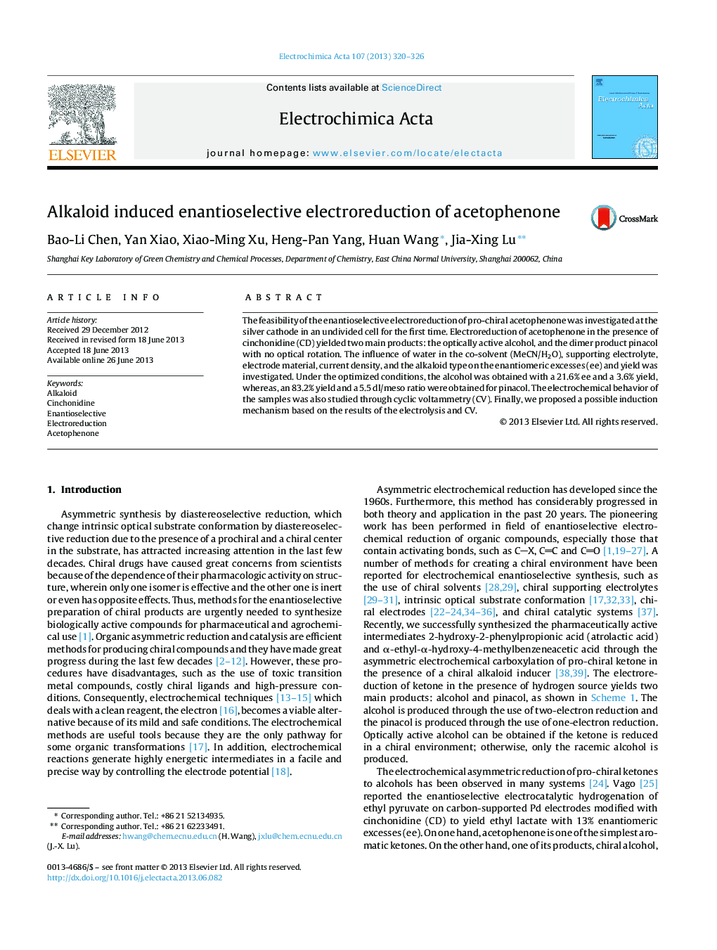 Alkaloid induced enantioselective electroreduction of acetophenone