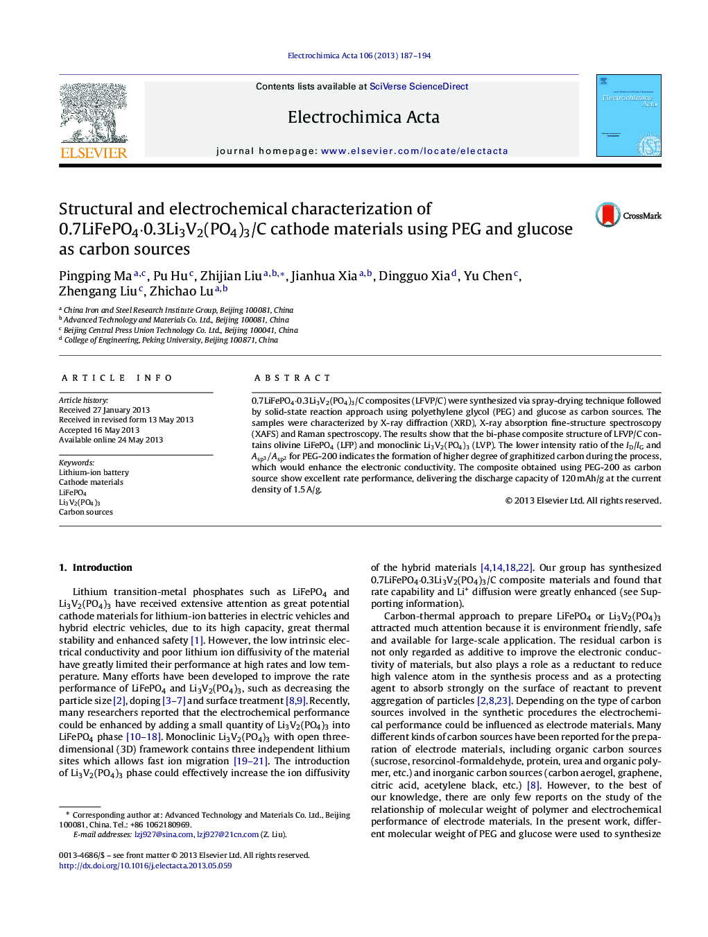 Structural and electrochemical characterization of 0.7LiFePO4Â·0.3Li3V2(PO4)3/C cathode materials using PEG and glucose as carbon sources