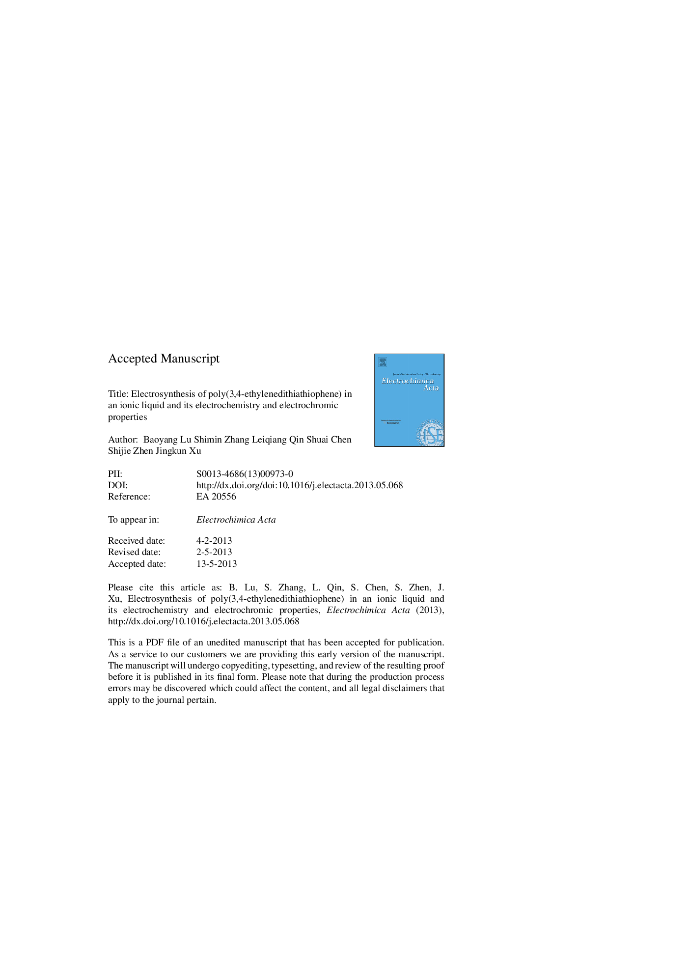 Electrosynthesis of poly(3,4-ethylenedithiathiophene) in an ionic liquid and its electrochemistry and electrochromic properties