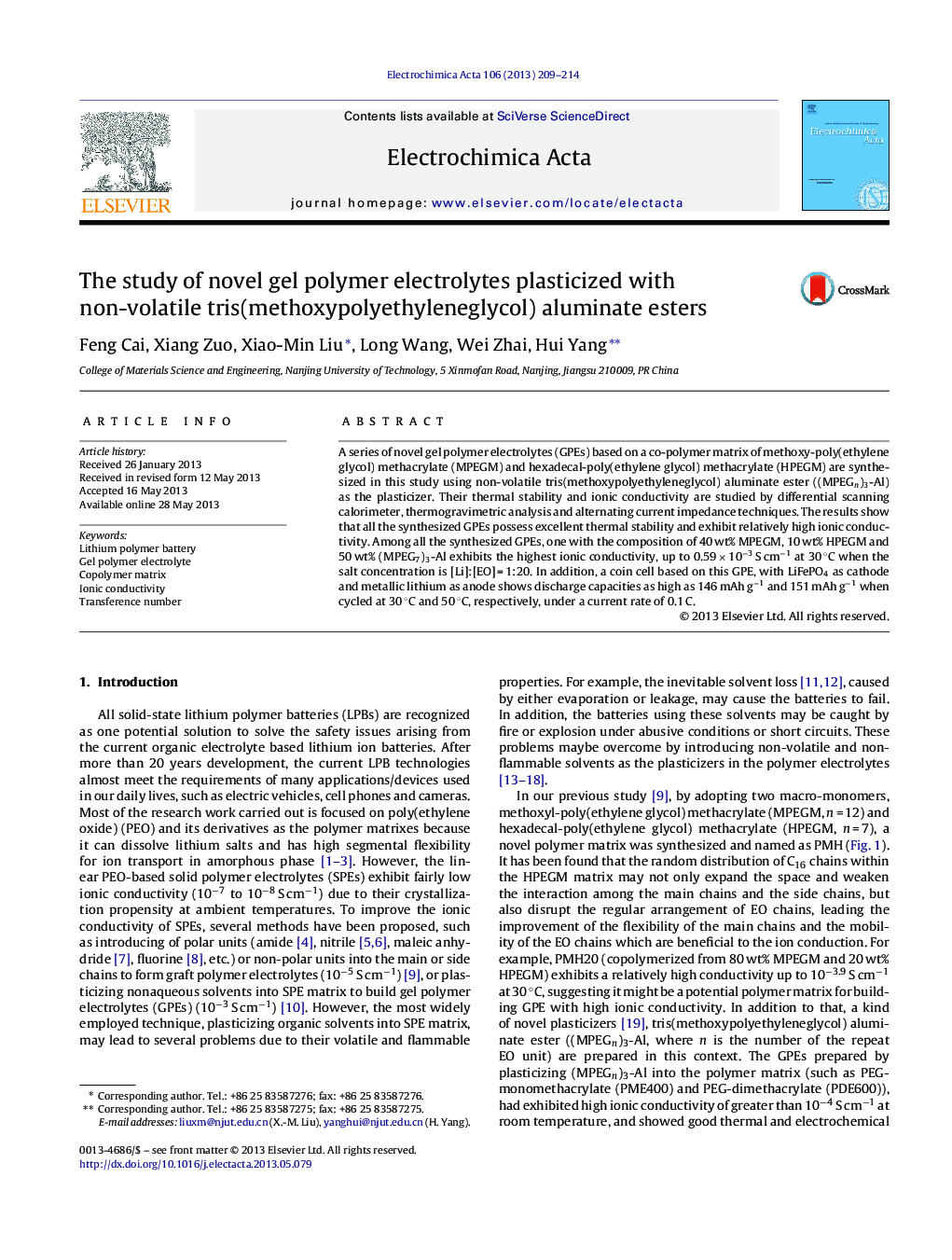 The study of novel gel polymer electrolytes plasticized with non-volatile tris(methoxypolyethyleneglycol) aluminate esters