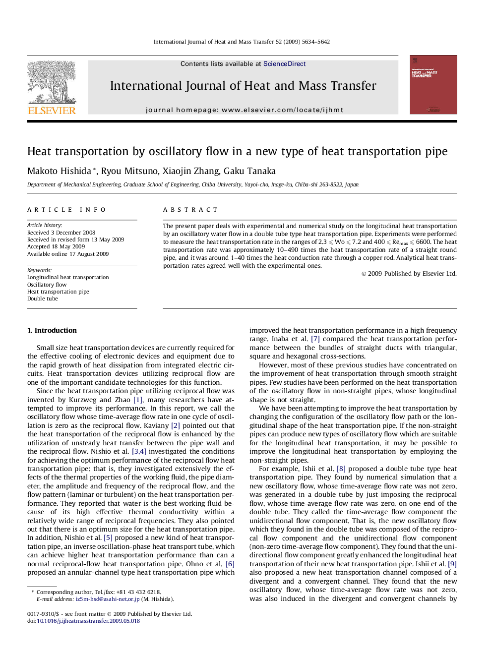 Heat transportation by oscillatory flow in a new type of heat transportation pipe