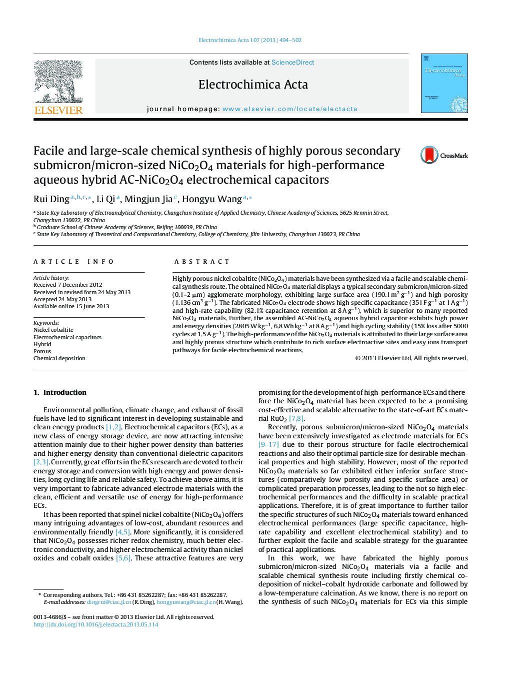 Facile and large-scale chemical synthesis of highly porous secondary submicron/micron-sized NiCo2O4 materials for high-performance aqueous hybrid AC-NiCo2O4 electrochemical capacitors