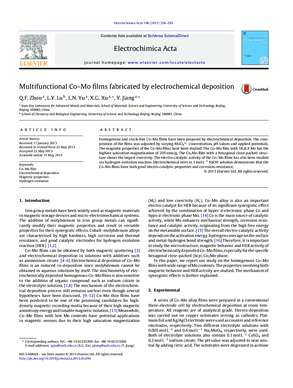 Multifunctional Co-Mo films fabricated by electrochemical deposition