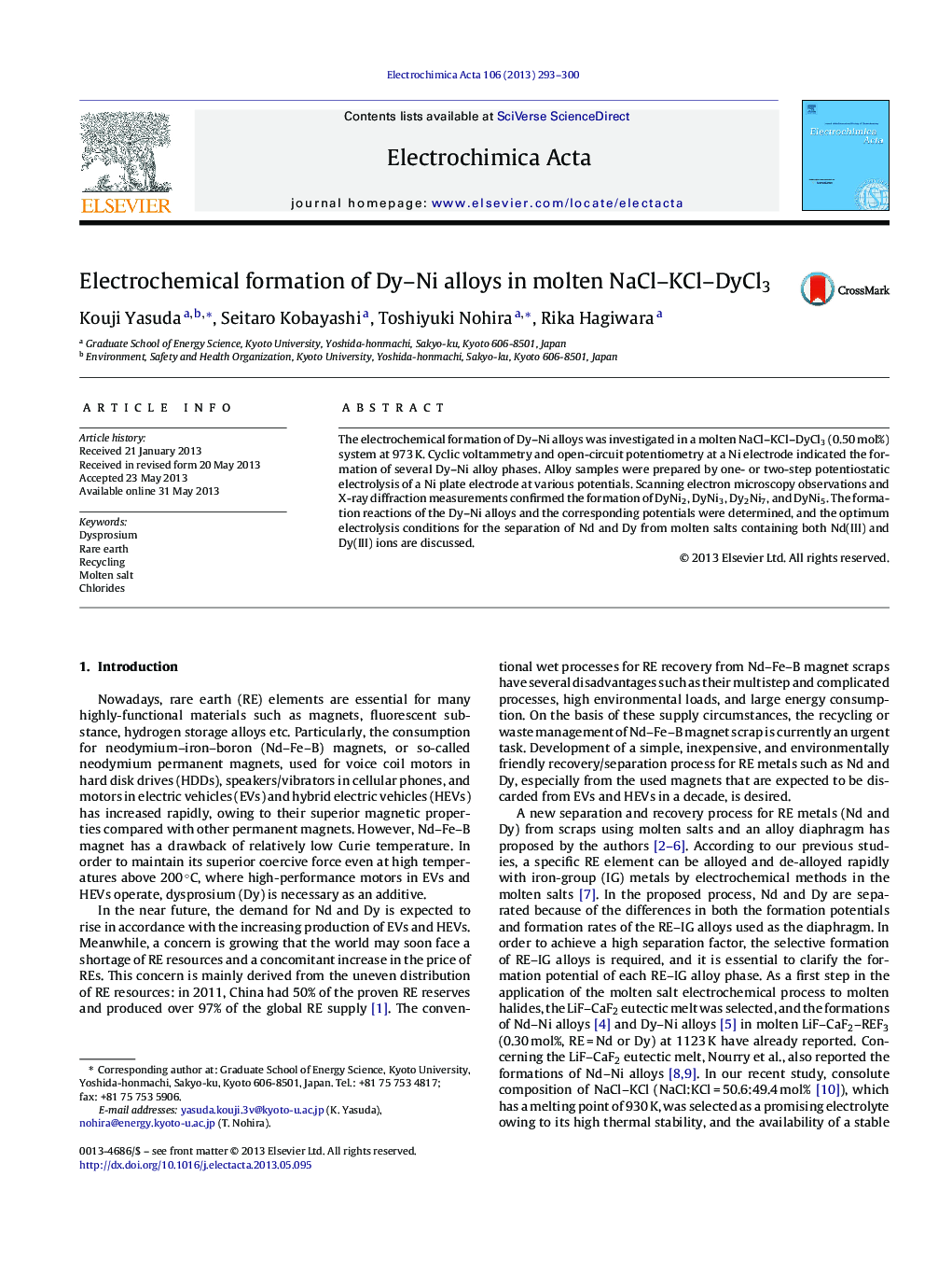 Electrochemical formation of Dy-Ni alloys in molten NaCl-KCl-DyCl3