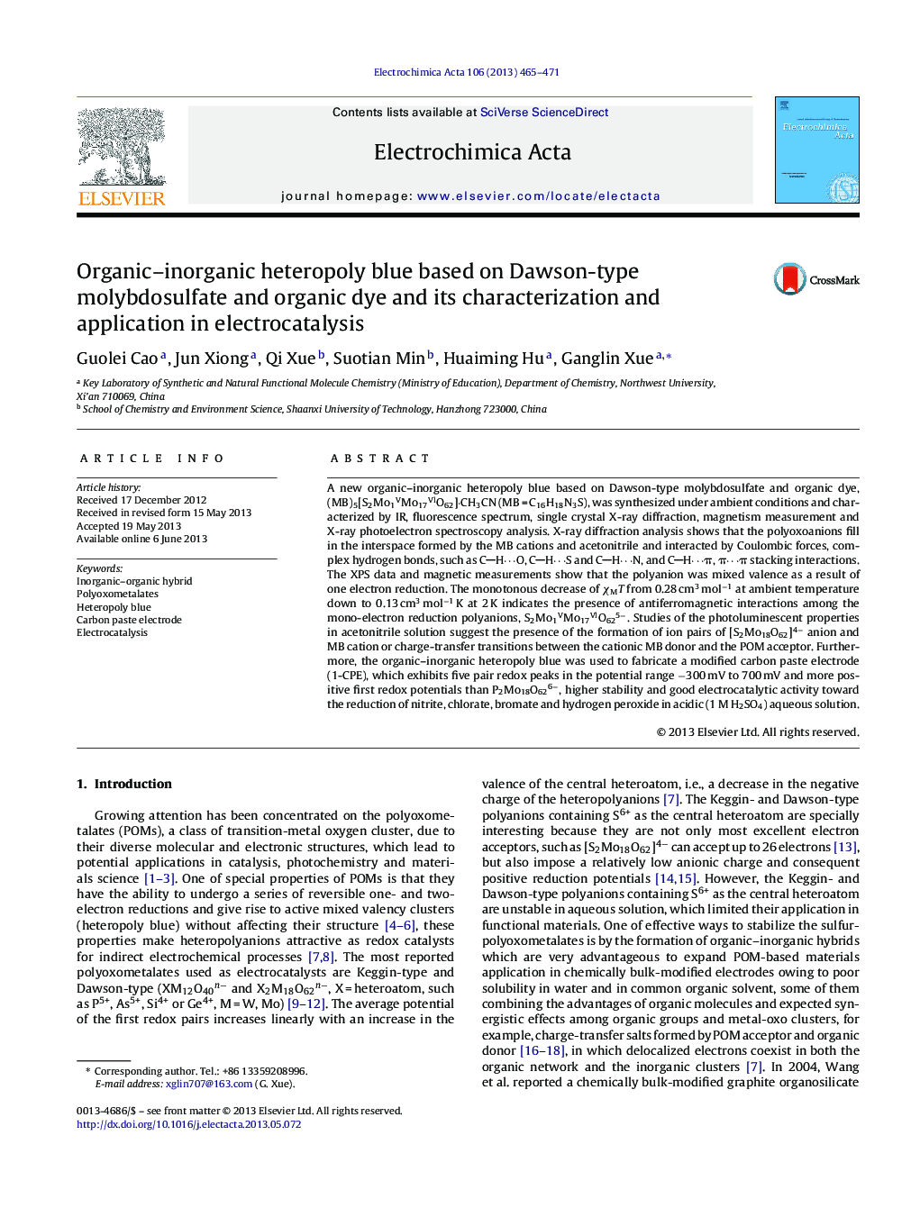 Organic-inorganic heteropoly blue based on Dawson-type molybdosulfate and organic dye and its characterization and application in electrocatalysis