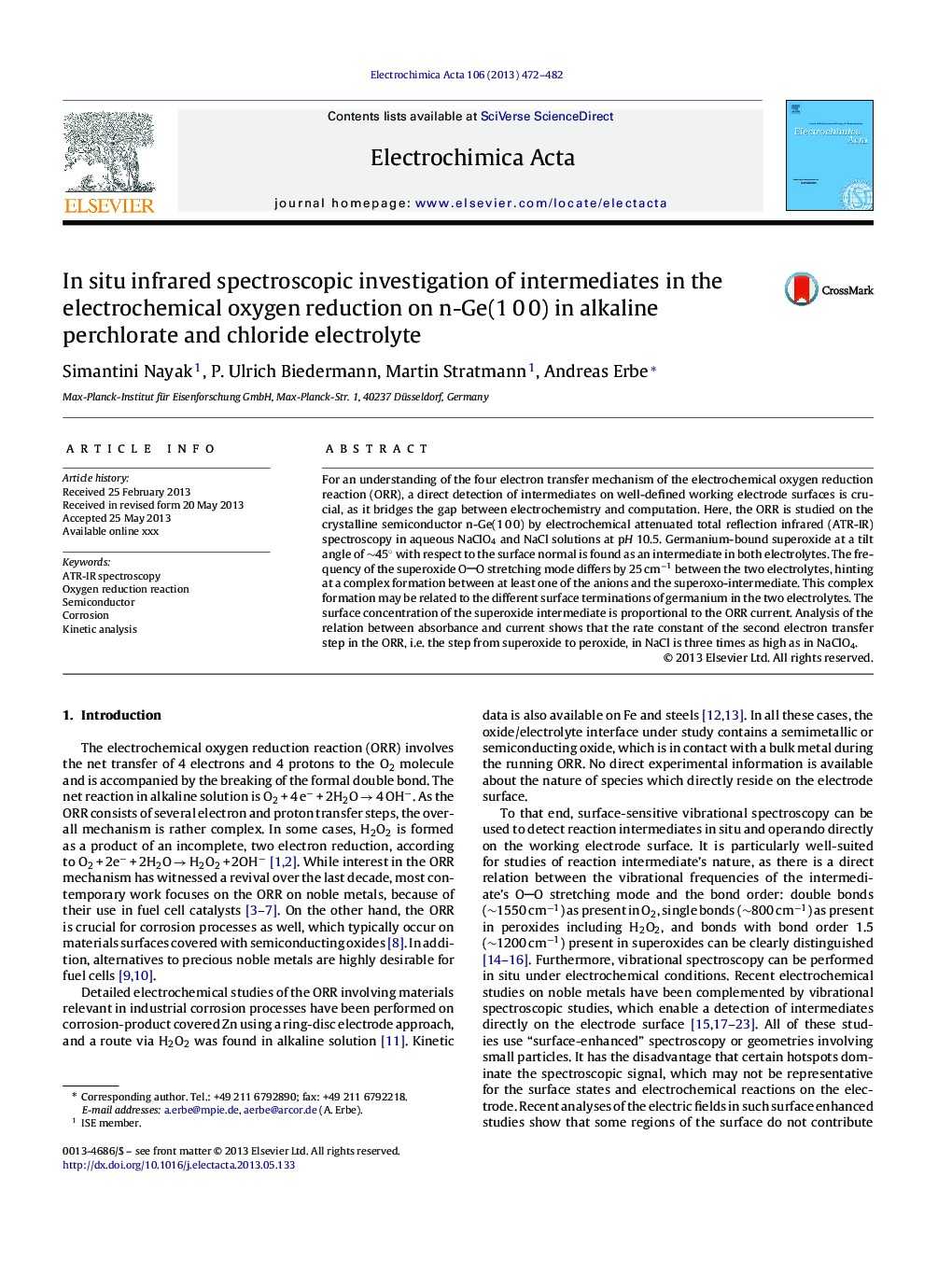 عکس صفحه اول مقاله: In situ infrared spectroscopic investigation of intermediates in the electrochemical oxygen reduction on n-Ge(1Â 0Â 0) in alkaline perchlorate and chloride electrolyte In situ infrared spectroscopic investigation of intermediates in the electrochemical oxygen reduction on n-Ge(1Â 0Â 0) in alkaline perchlorate and chloride electrolyte