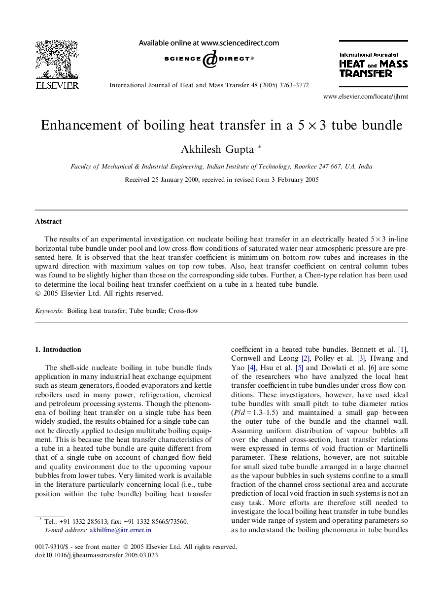 Enhancement of boiling heat transfer in a 5 × 3 tube bundle