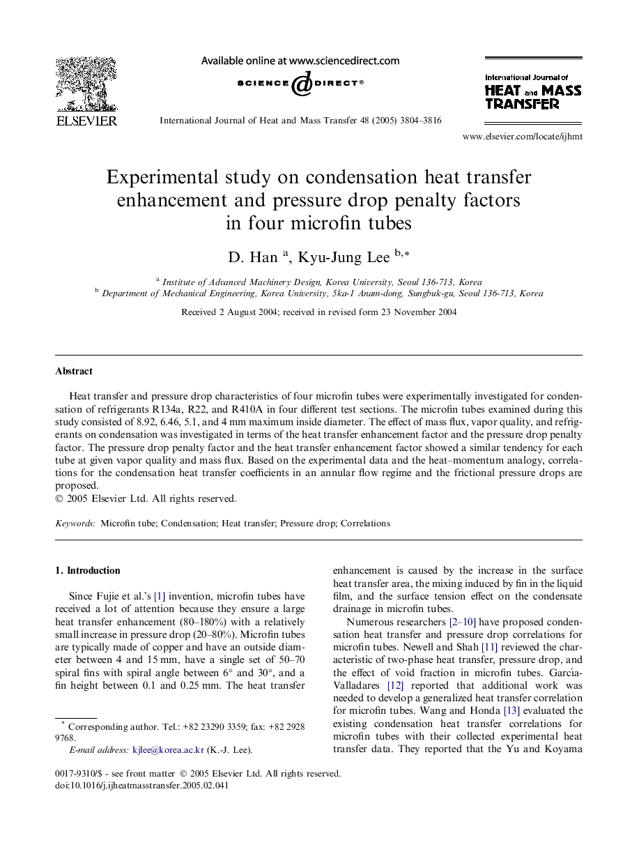 Experimental study on condensation heat transfer enhancement and pressure drop penalty factors in four microfin tubes