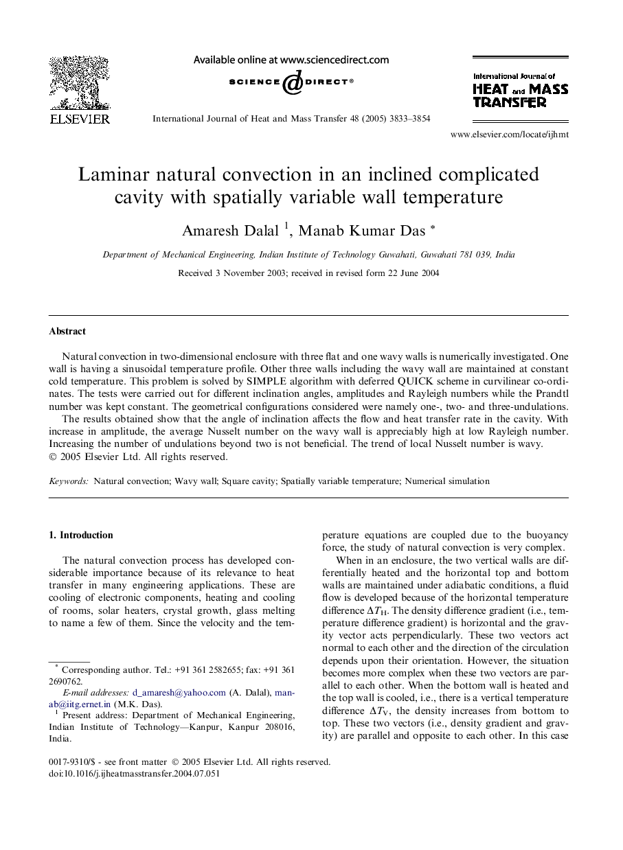 Laminar natural convection in an inclined complicated cavity with spatially variable wall temperature