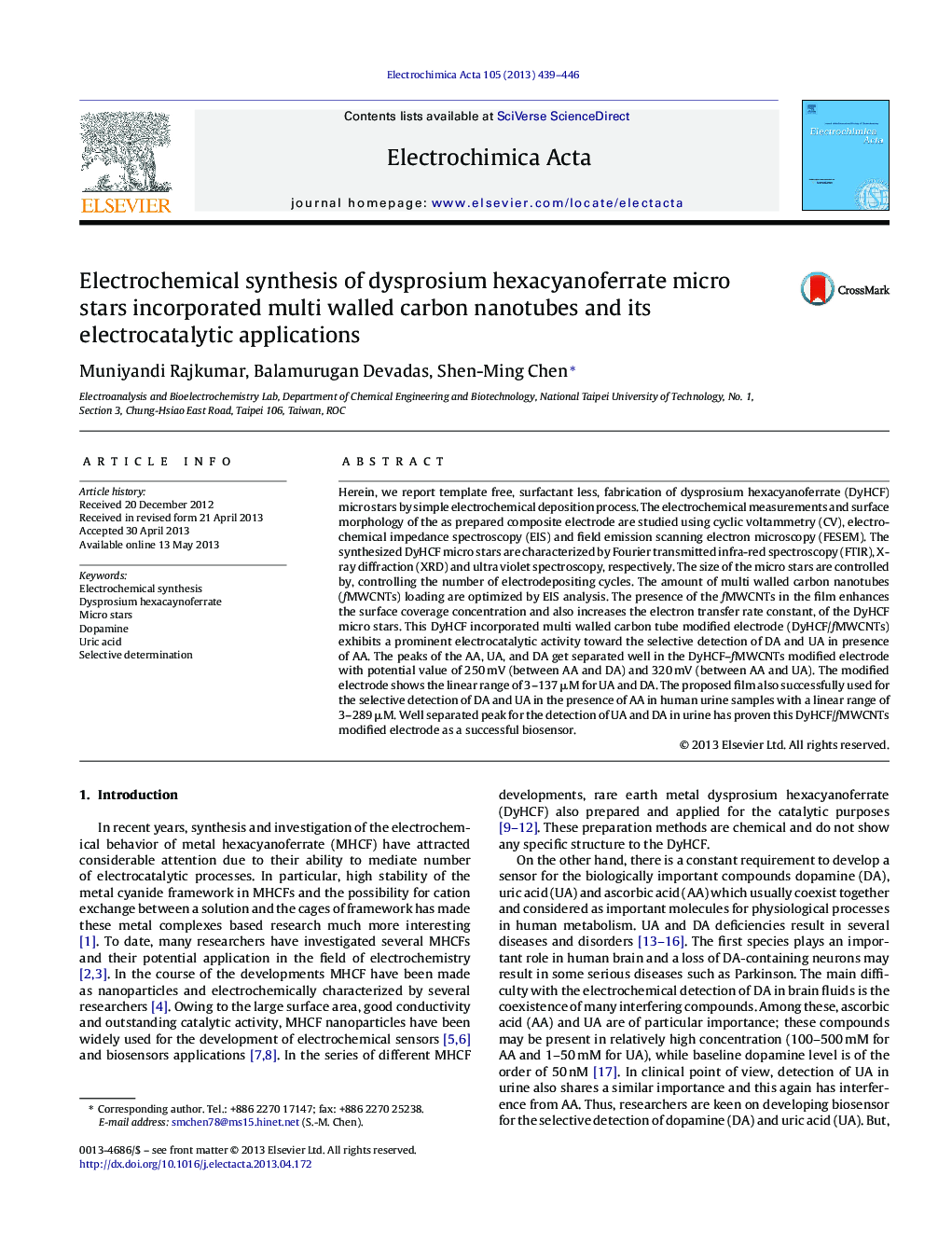 Electrochemical synthesis of dysprosium hexacyanoferrate micro stars incorporated multi walled carbon nanotubes and its electrocatalytic applications