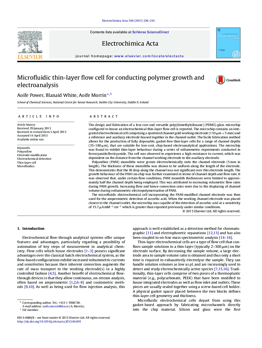 Microfluidic thin-layer flow cell for conducting polymer growth and electroanalysis