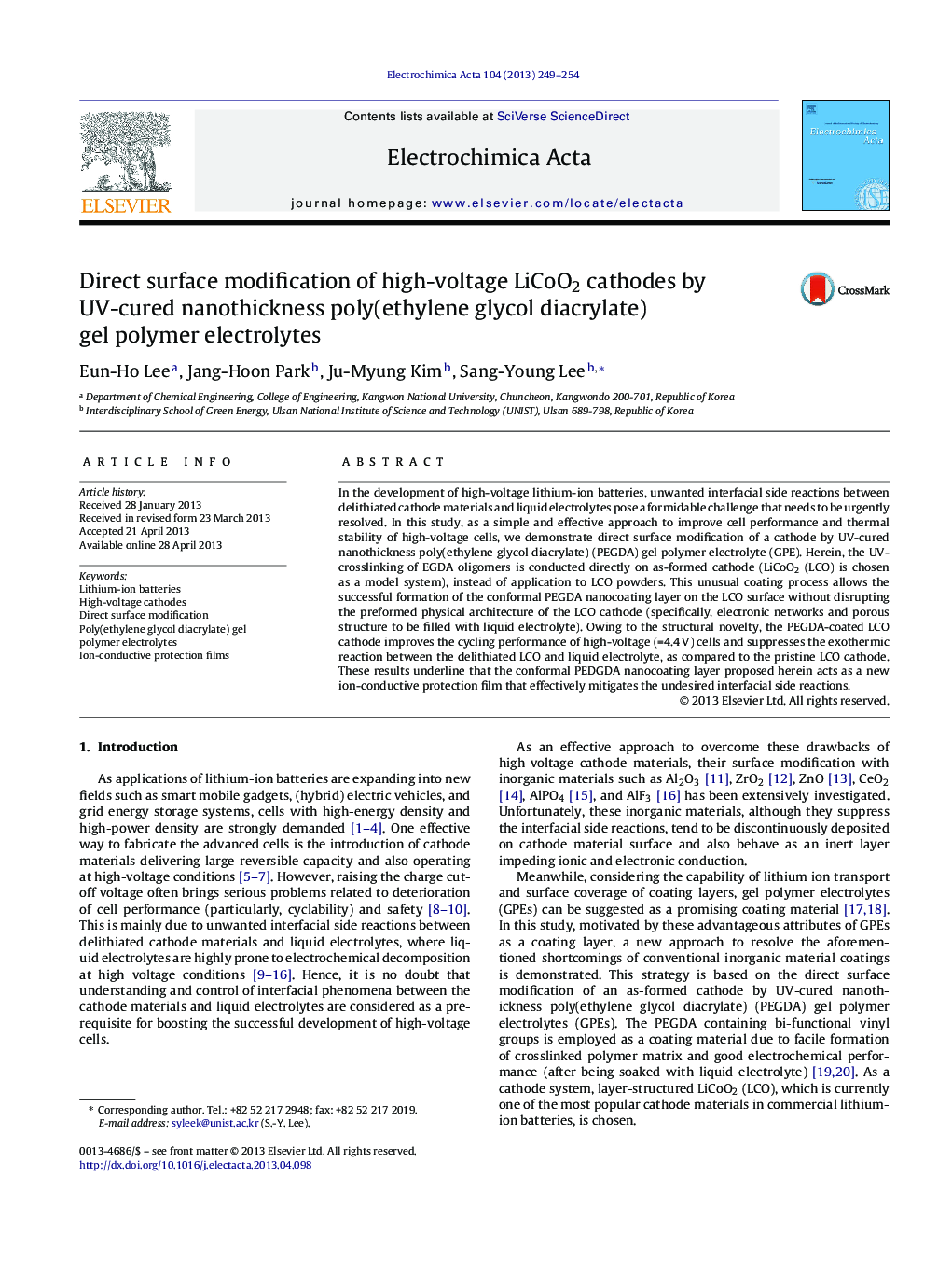 Direct surface modification of high-voltage LiCoO2 cathodes by UV-cured nanothickness poly(ethylene glycol diacrylate) gel polymer electrolytes