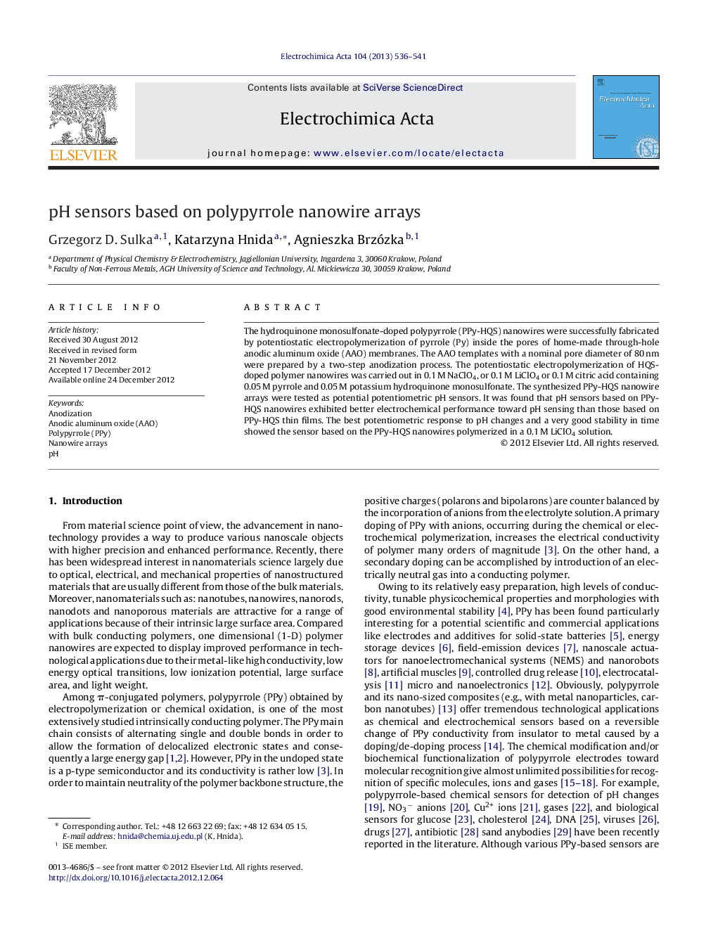 pH sensors based on polypyrrole nanowire arrays