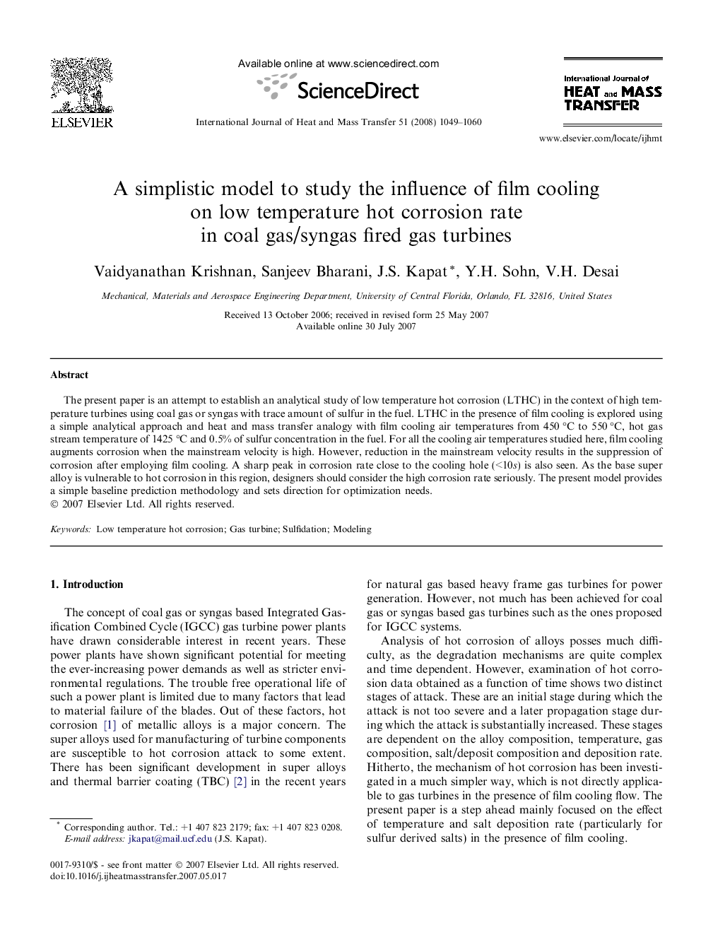 A simplistic model to study the influence of film cooling on low temperature hot corrosion rate in coal gas/syngas fired gas turbines