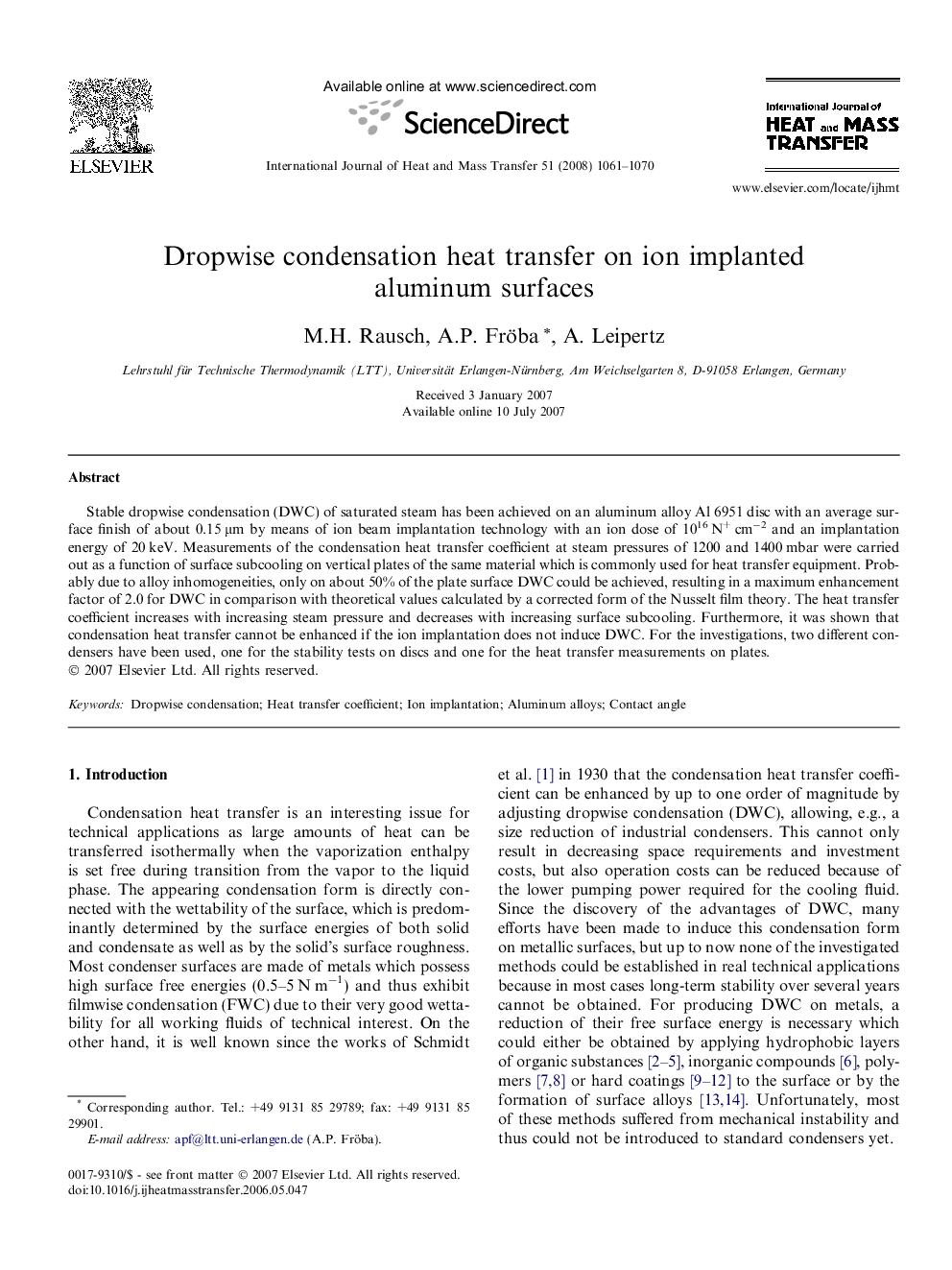 Dropwise condensation heat transfer on ion implanted aluminum surfaces