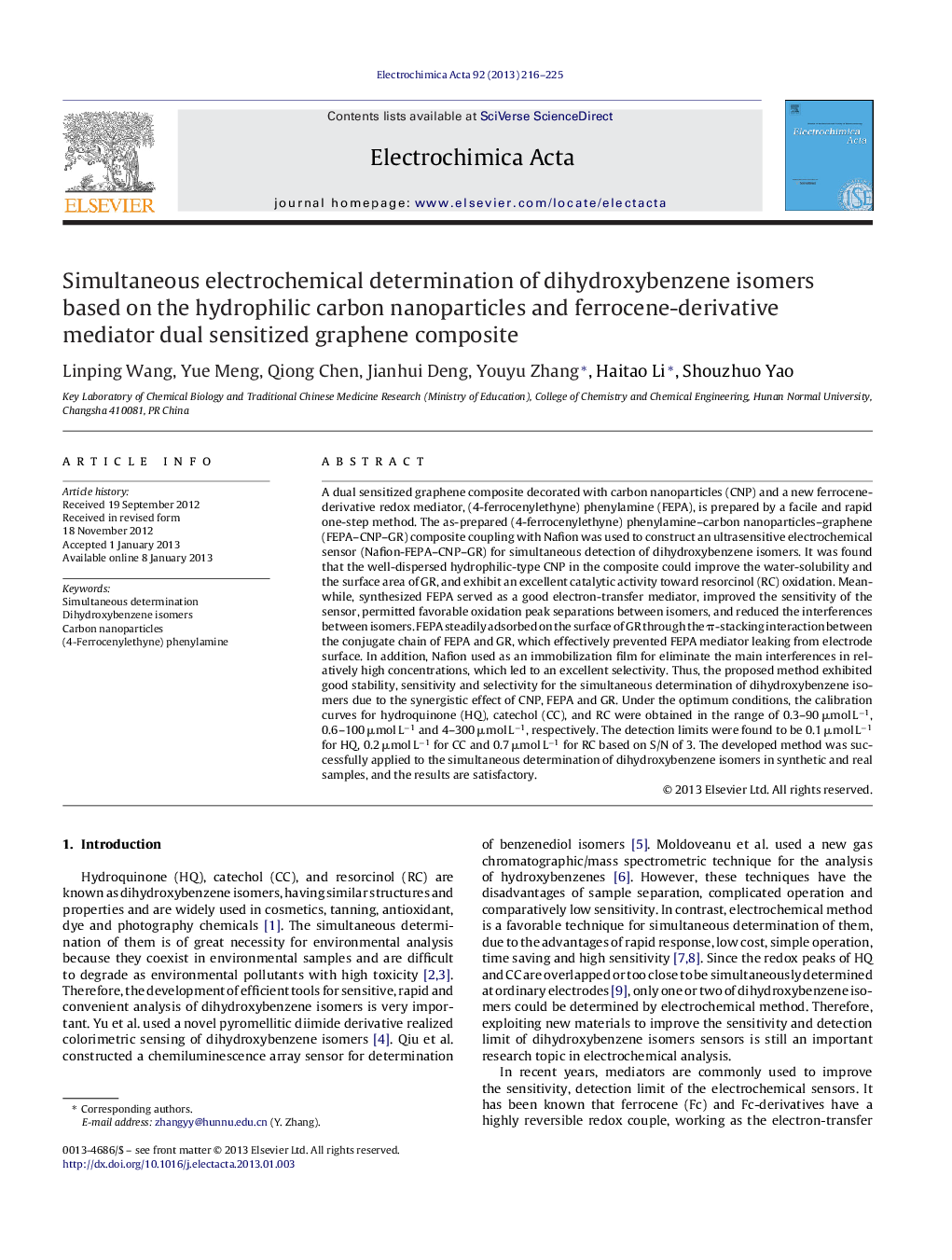 Simultaneous electrochemical determination of dihydroxybenzene isomers based on the hydrophilic carbon nanoparticles and ferrocene-derivative mediator dual sensitized graphene composite