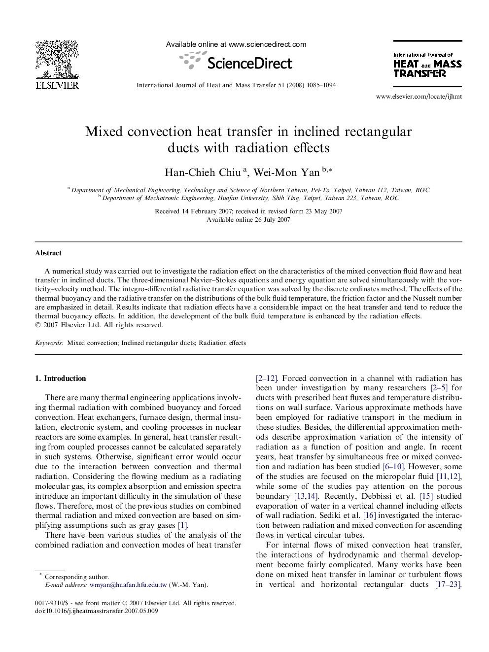 Mixed convection heat transfer in inclined rectangular ducts with radiation effects