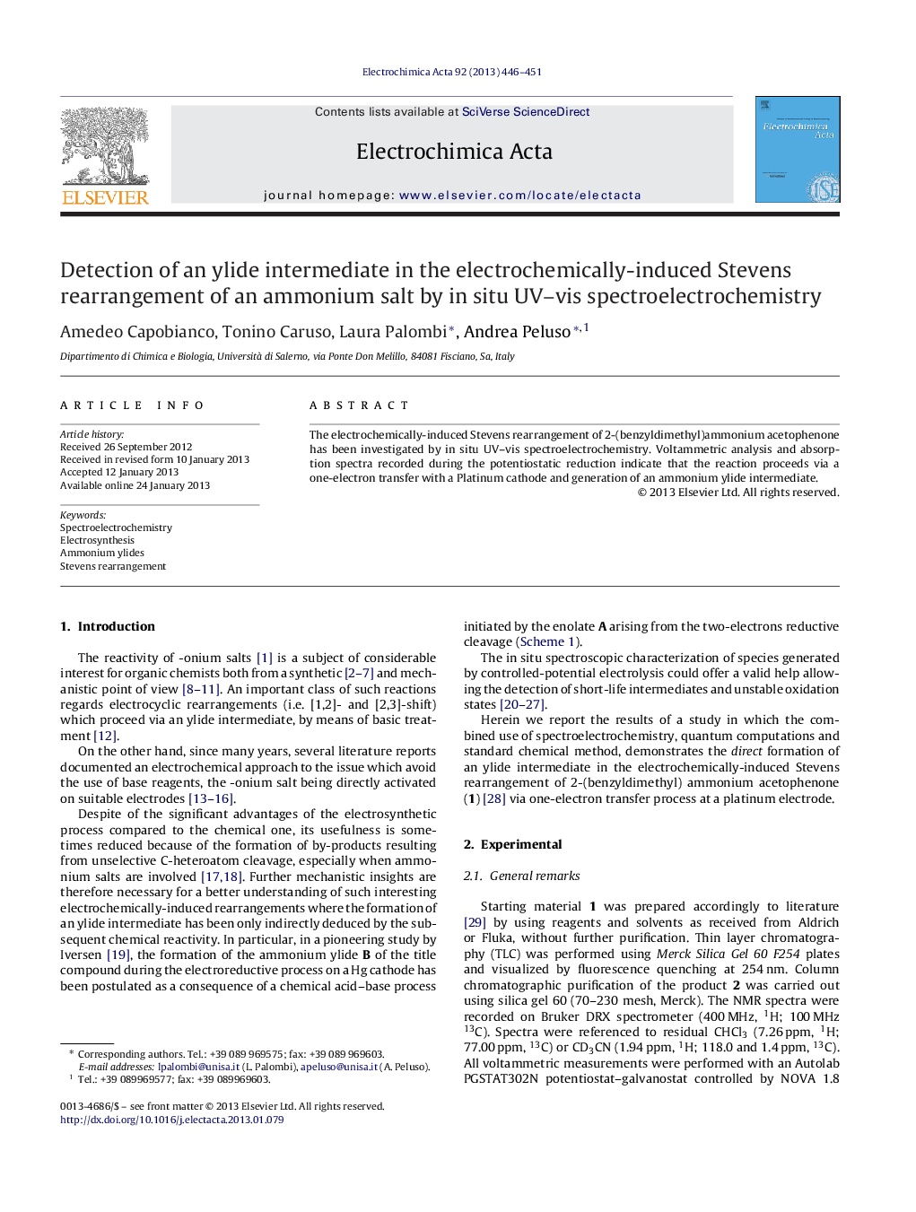 تشخیص یک واسطه ییلید در بازسازی واکنش الکتروشیمیایی استیونس از نمک آمونیوم به وسیله ی اسپکترومک شیمی 