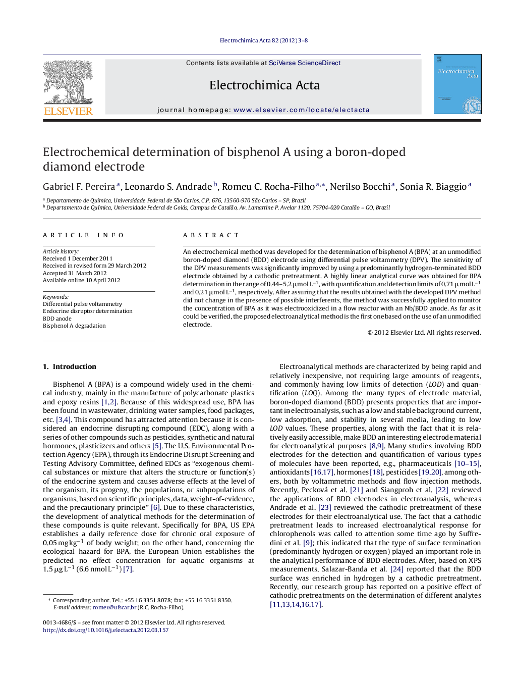 Electrochemical determination of bisphenol A using a boron-doped diamond electrode