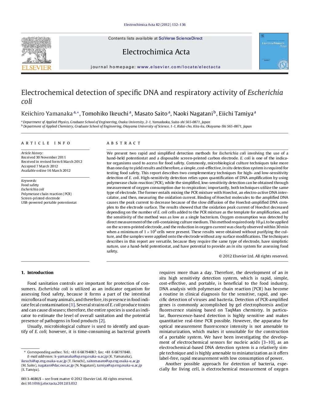 Electrochemical detection of specific DNA and respiratory activity of Escherichia coli