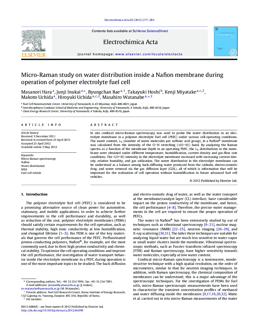 Micro-Raman study on water distribution inside a Nafion membrane during operation of polymer electrolyte fuel cell